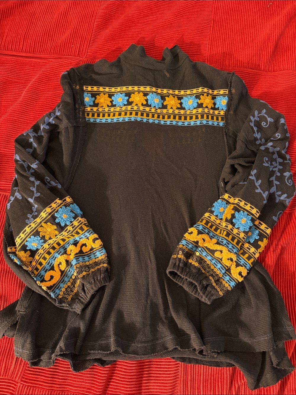Free people Embroidered Black Peasant Top with Blue & Gold Floral Trim